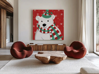 Festive Christmas IX by Anne Tavoletti. Shown as extra-large giant wall art in a modern living room. Available as an archival giclee rolled canvas, fine art paper, or poster print. SKU 91708a.