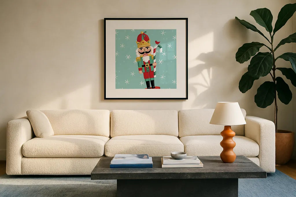Festive Christmas V by Anne Tavoletti. Displayed in a glass frame with matte in a clean modern living room. Available as an archival giclee rolled canvas, fine art paper, or poster print. SKU 91704a.