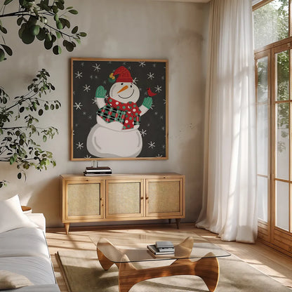 Festive Christmas VI by Anne Tavoletti. Shown in a natural wood frame in a cozy modern living room. Available as an archival giclee rolled canvas, fine art paper, or poster print. SKU 91705a.