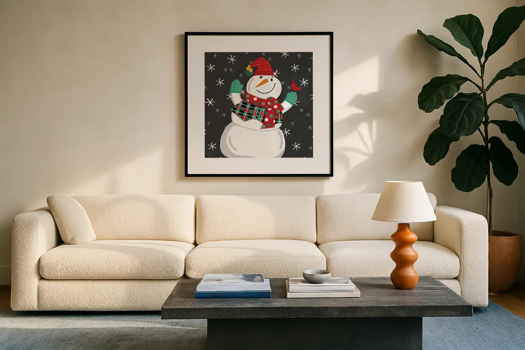 Festive Christmas VI by Anne Tavoletti. Displayed in a glass frame with matte in a clean modern living room. Available as an archival giclee rolled canvas, fine art paper, or poster print. SKU 91705a.