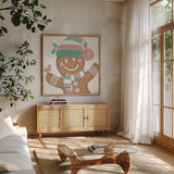 Festive Christmas VIII Pastel v2 by Anne Tavoletti. Shown in a natural wood frame in a cozy modern living room. Available as an archival giclee rolled canvas, fine art paper, or poster print. SKU 97589a.