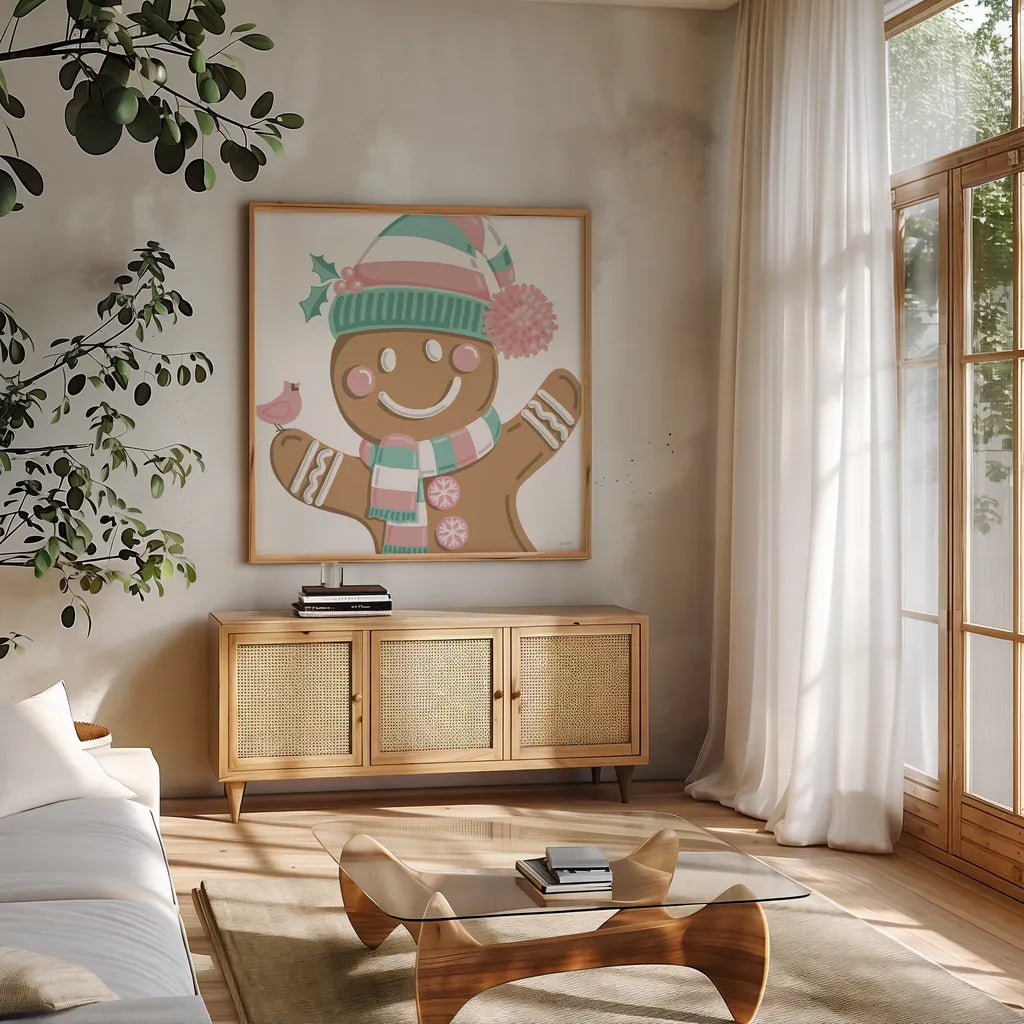 Festive Christmas VIII Pastel v2 by Anne Tavoletti. Shown in a natural wood frame in a cozy modern living room. Available as an archival giclee rolled canvas, fine art paper, or poster print. SKU 97589a.