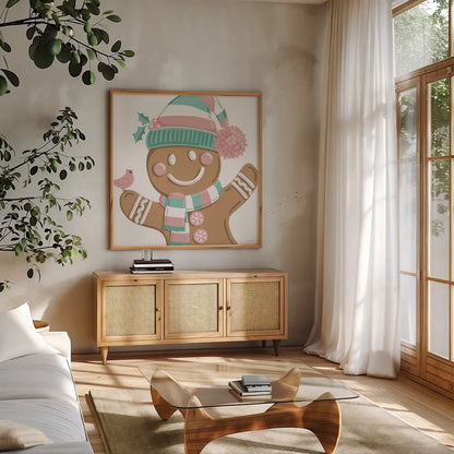 Festive Christmas VIII Pastel v2 by Anne Tavoletti. Shown in a natural wood frame in a cozy modern living room. Available as an archival giclee rolled canvas, fine art paper, or poster print. SKU 97589a.