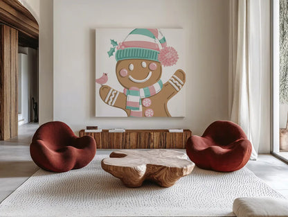Festive Christmas VIII Pastel v2 by Anne Tavoletti. Shown as extra-large giant wall art in a modern living room. Available as an archival giclee rolled canvas, fine art paper, or poster print. SKU 97589a.