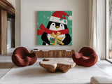 Festive Christmas X by Anne Tavoletti. Shown as extra-large giant wall art in a modern living room. Available as an archival giclee rolled canvas, fine art paper, or poster print. SKU 91709a.
