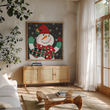 Festive Christmas XII by Anne Tavoletti. Shown in a natural wood frame in a cozy modern living room. Available as an archival giclee rolled canvas, fine art paper, or poster print. SKU 91711a.