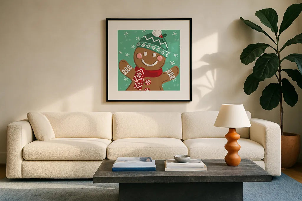 Festive Christmas XIII by Anne Tavoletti. Displayed in a glass frame with matte in a clean modern living room. Available as an archival giclee rolled canvas, fine art paper, or poster print. SKU 97588a.