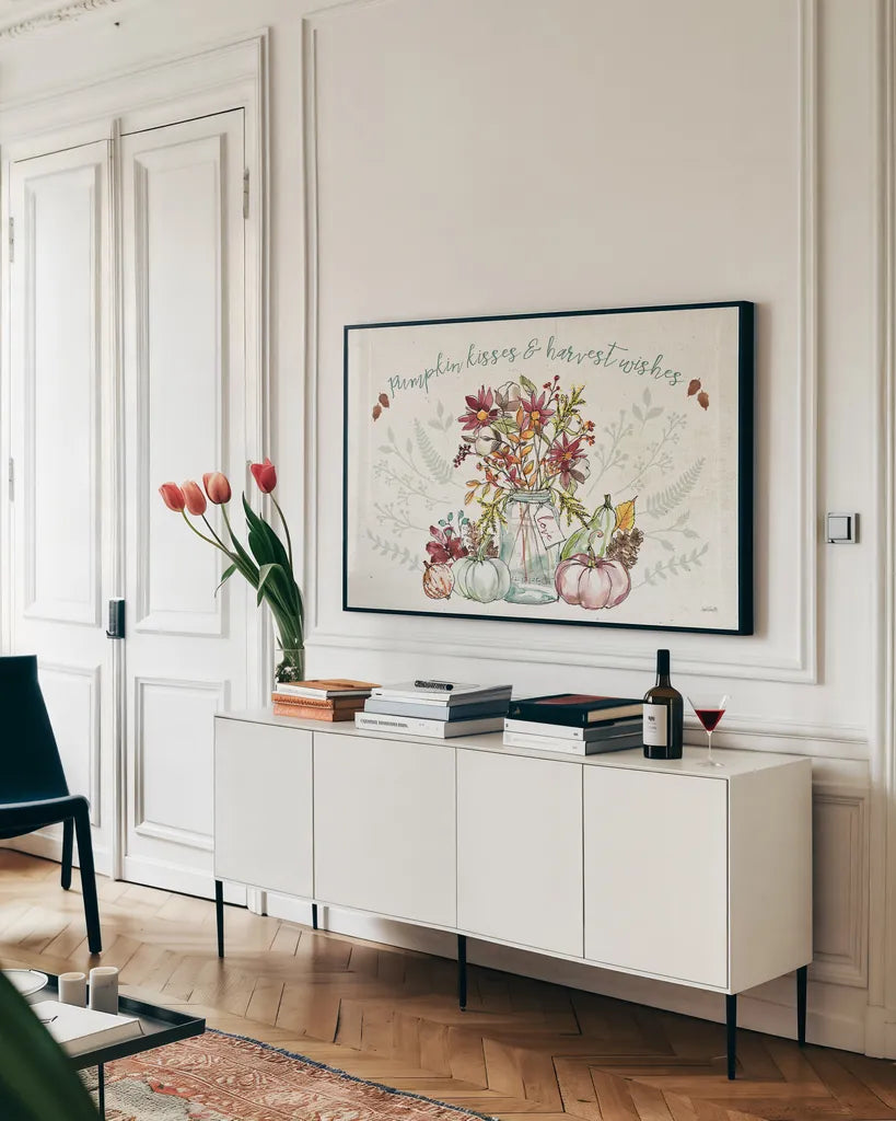 Festive Foliage I by Anne Tavoletti. shown as a framed stretched canvas in a living room above a console. Available as a archival giclee rolled canvas, fine art paper, or poster print. SKU 35030i.