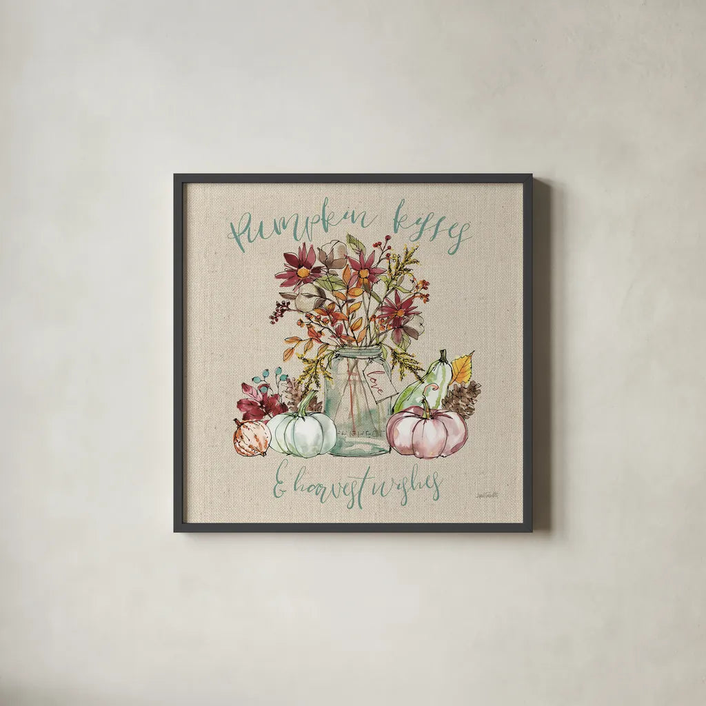 Festive Foliage I Sq Burlap by Anne Tavoletti. Shown in a sleek black glass frame for a contemporary gallery look. Available as an archival giclee rolled canvas, fine art paper, or poster print. SKU 47594a.