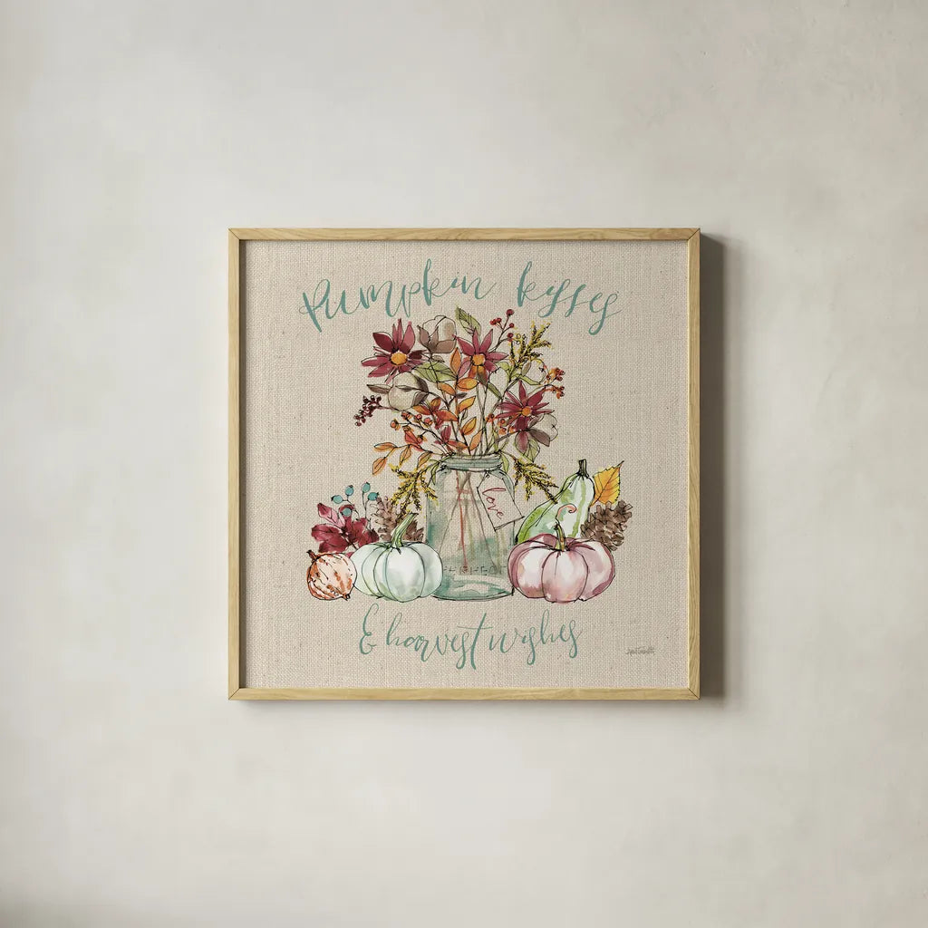 Festive Foliage I Sq Burlap by Anne Tavoletti. Shown in a natural wood glass frame for a timeless modern aesthetic. Available as an archival giclee rolled canvas, fine art paper, or poster print. SKU 47594a.