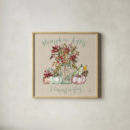 Festive Foliage I Sq Burlap by Anne Tavoletti. Shown in a natural wood glass frame for a timeless modern aesthetic. Available as an archival giclee rolled canvas, fine art paper, or poster print. SKU 47594a.