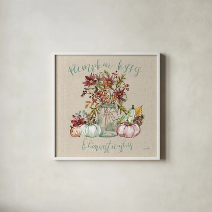 Festive Foliage I Sq Burlap by Anne Tavoletti. Shown in a crisp white glass frame for a clean and minimalist style. Available as an archival giclee rolled canvas, fine art paper, or poster print. SKU 47594a.