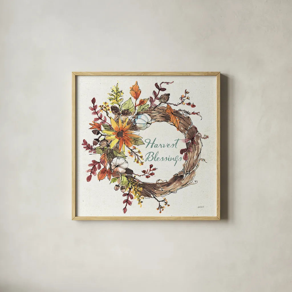 Festive Foliage IV by Anne Tavoletti. Shown in a natural wood glass frame for a timeless modern aesthetic. Available as an archival giclee rolled canvas, fine art paper, or poster print. SKU 35033a.