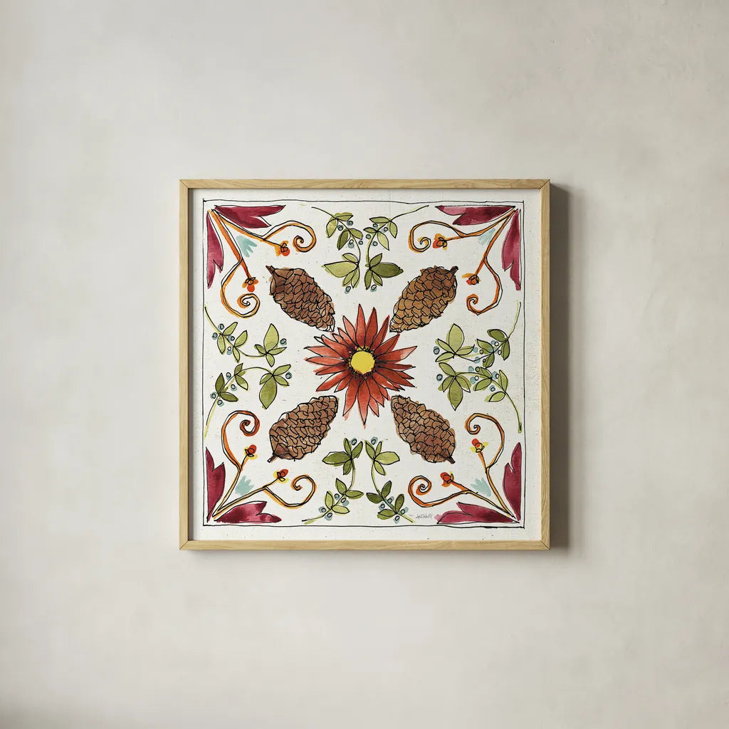 Festive Foliage IX by Anne Tavoletti. Shown in a natural wood glass frame for a timeless modern aesthetic. Available as an archival giclee rolled canvas, fine art paper, or poster print. SKU 35038a.