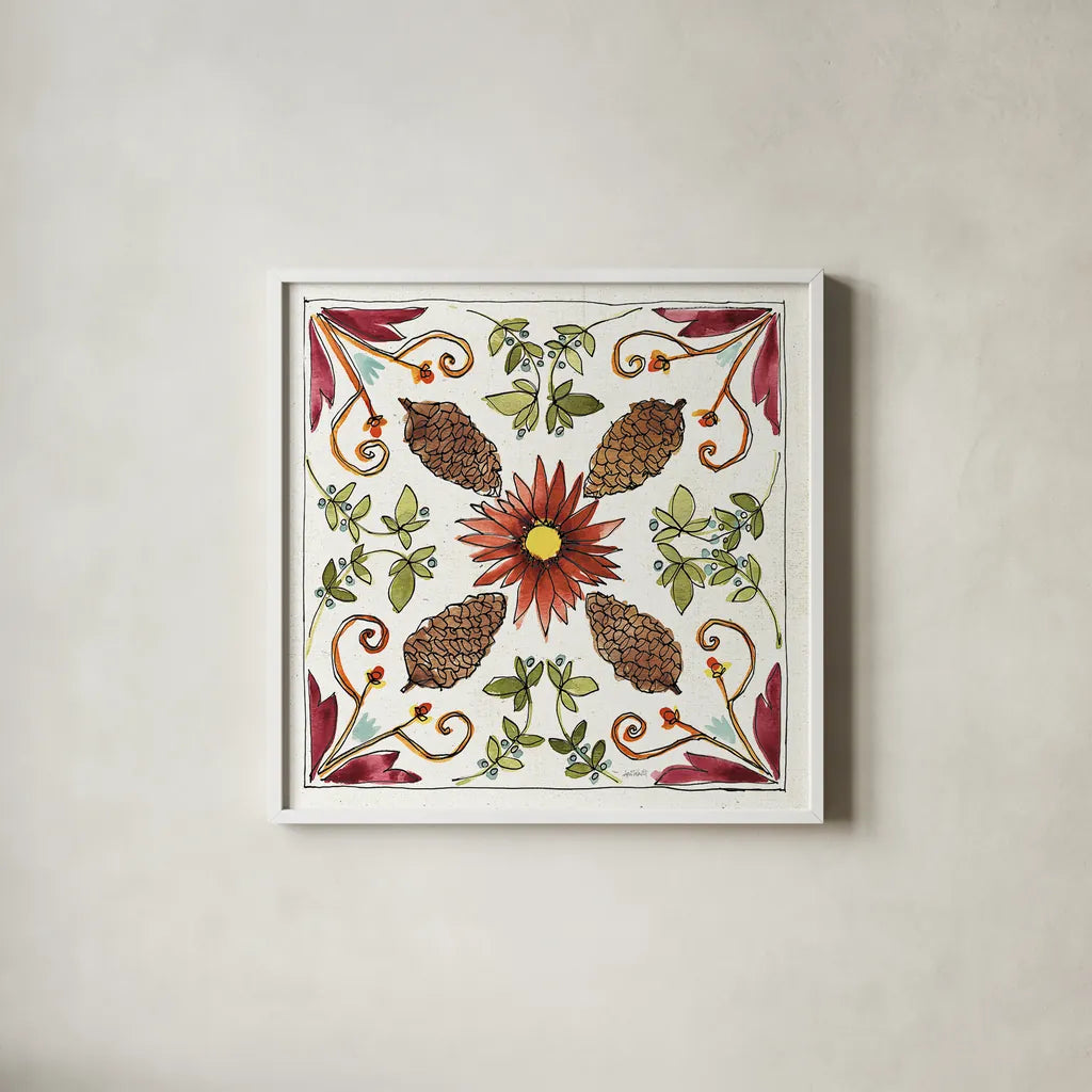 Festive Foliage IX by Anne Tavoletti. Shown in a crisp white glass frame for a clean and minimalist style. Available as an archival giclee rolled canvas, fine art paper, or poster print. SKU 35038a.