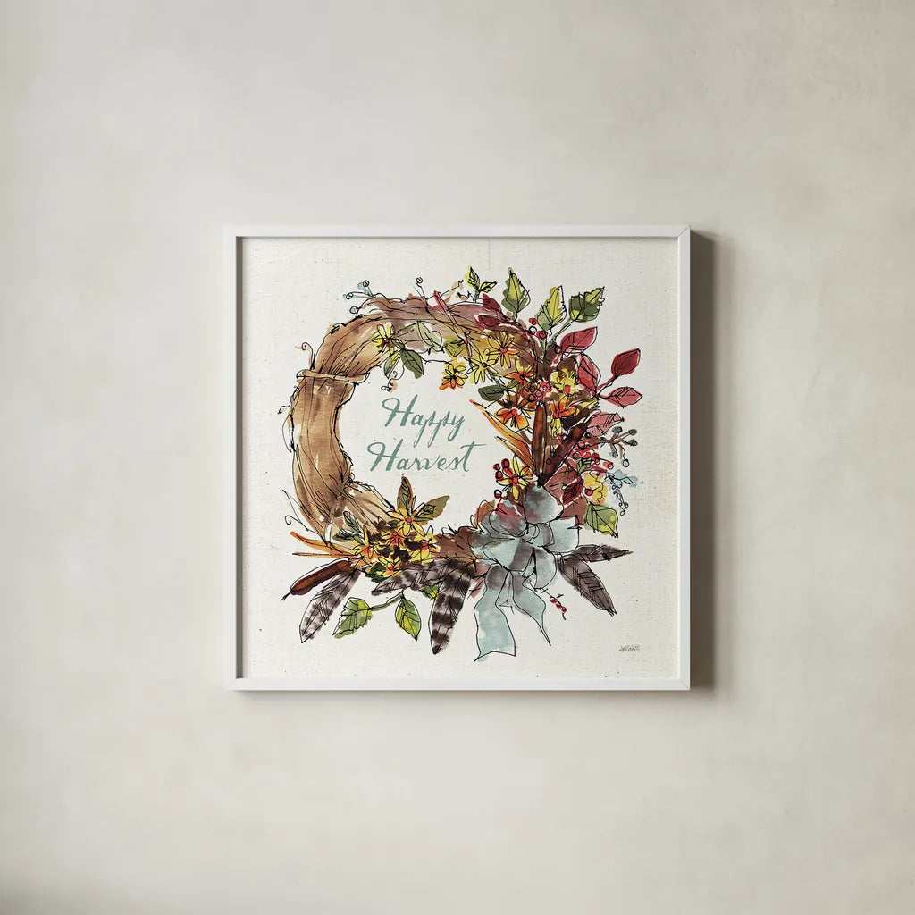 Festive Foliage V by Anne Tavoletti. Shown in a crisp white glass frame for a clean and minimalist style. Available as an archival giclee rolled canvas, fine art paper, or poster print. SKU 35034a.