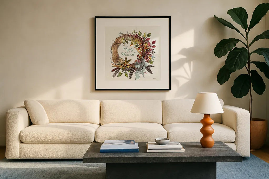 Festive Foliage V by Anne Tavoletti. Displayed in a glass frame with matte in a clean modern living room. Available as an archival giclee rolled canvas, fine art paper, or poster print. SKU 35034a.