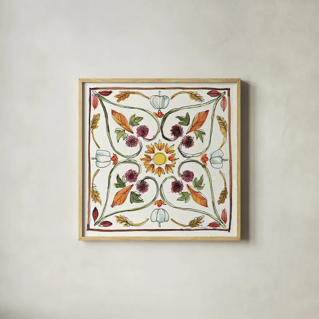 Festive Foliage VI by Anne Tavoletti. Shown in a natural wood glass frame for a timeless modern aesthetic. Available as an archival giclee rolled canvas, fine art paper, or poster print. SKU 35035a.