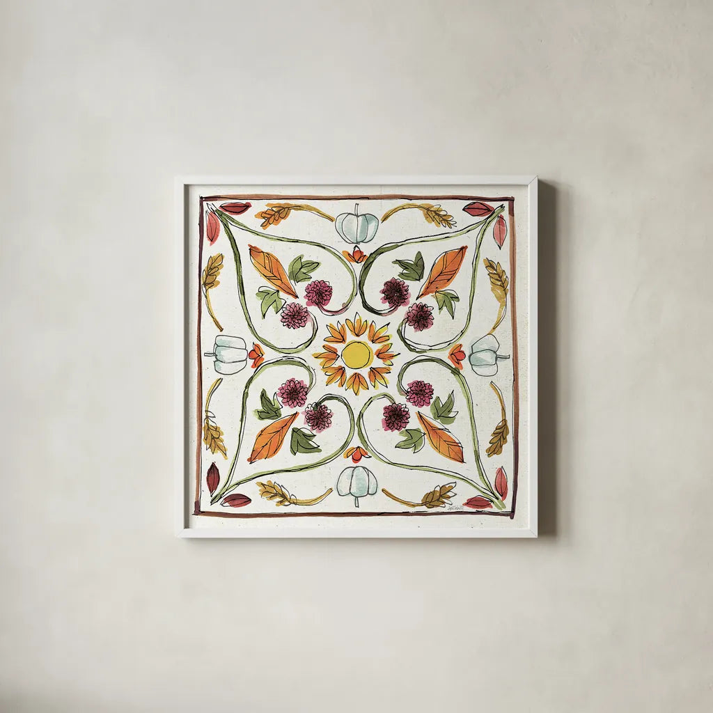 Festive Foliage VI by Anne Tavoletti. Shown in a crisp white glass frame for a clean and minimalist style. Available as an archival giclee rolled canvas, fine art paper, or poster print. SKU 35035a.