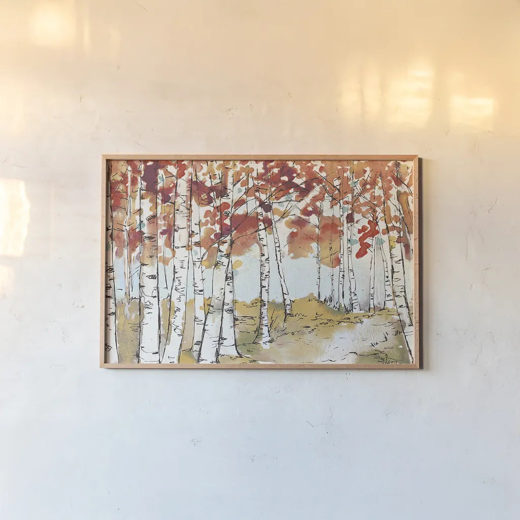 Festive Foliage X by Anne Tavoletti. shown as a paper print in a natural frame. Available as a archival giclee rolled canvas, fine art paper, or poster print. SKU 35039i.