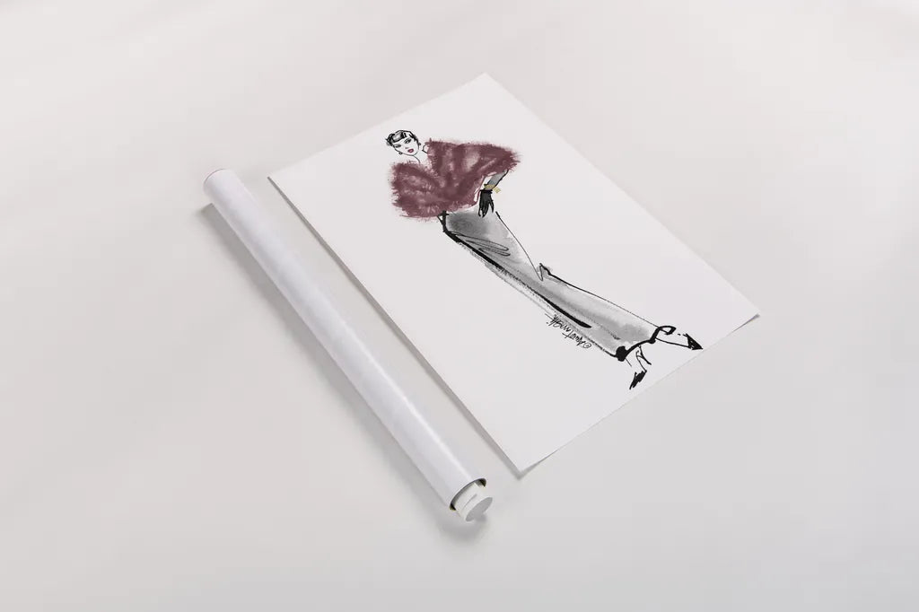 Fifties Fashion I v2 Plum by Anne Tavoletti. shown as a rolled paper print. Available as archival giclee rolled canvas, fine art paper, or poster print. SKU 69123h.