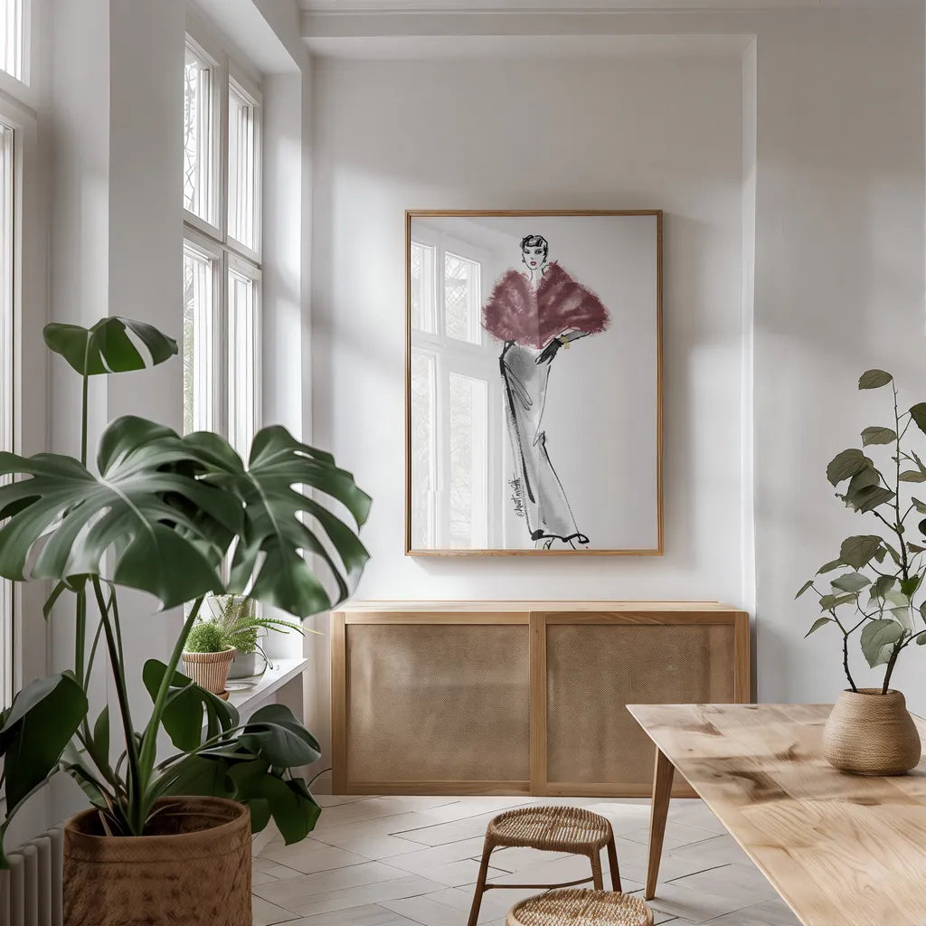 Fifties Fashion I v2 Plum by Anne Tavoletti. shown as a print in a natural wood frame in a dining room. Available as a archival giclee rolled canvas, fine art paper, or poster print. SKU 69123h.