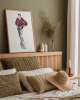 Fifties Fashion I v2 Plum by Anne Tavoletti. shown as a paper print in a natural frame. Available as a archival giclee rolled canvas, fine art paper, or poster print. SKU 69123h.
