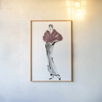Fifties Fashion I v2 Plum by Anne Tavoletti. shown as a paper print in a natural frame. Available as a archival giclee rolled canvas, fine art paper, or poster print. SKU 69123h.