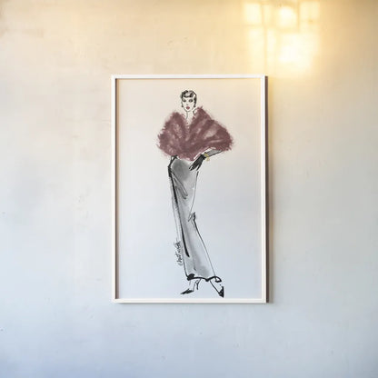 Fifties Fashion I v2 Plum by Anne Tavoletti. shown as a paper print in a white frame. Available as a archival giclee rolled canvas, fine art paper, or poster print. SKU 69123h.