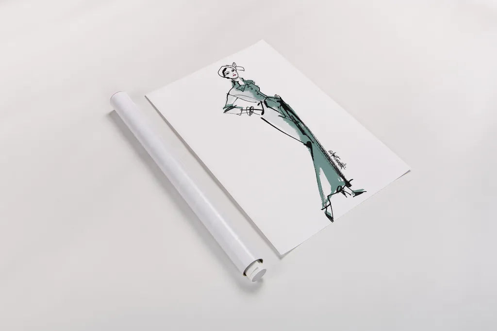 Fifties Fashion III v2 Green by Anne Tavoletti. shown as a rolled paper print. Available as archival giclee rolled canvas, fine art paper, or poster print. SKU 69124h.