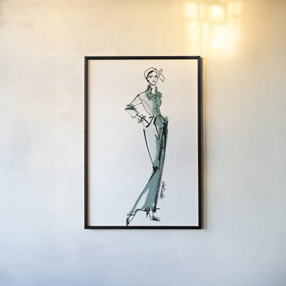 Fifties Fashion III v2 Green by Anne Tavoletti. shown as a paper print in a black flame. Available as a archival giclee rolled canvas, fine art paper, or poster print. SKU 69124h.