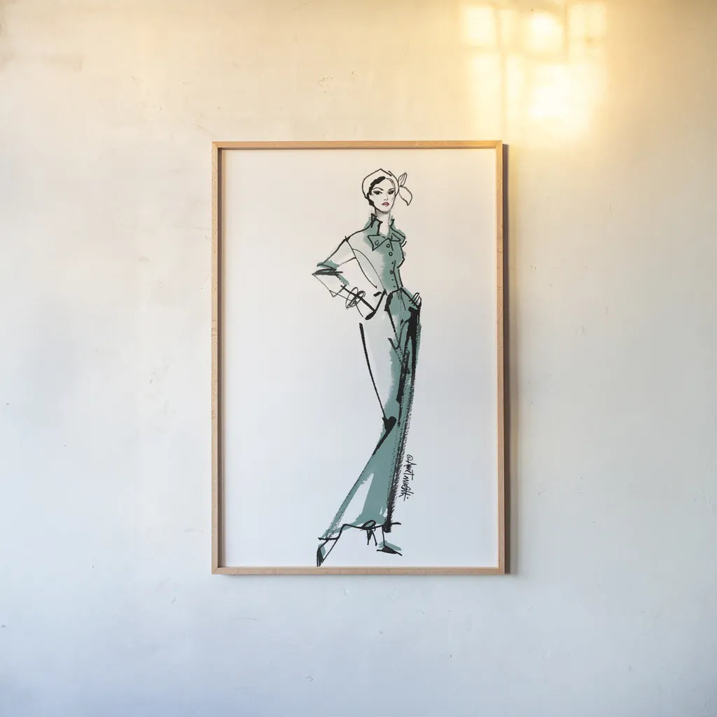 Fifties Fashion III v2 Green by Anne Tavoletti. shown as a paper print in a natural frame. Available as a archival giclee rolled canvas, fine art paper, or poster print. SKU 69124h.