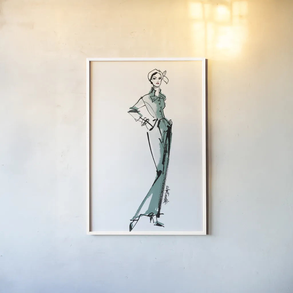Fifties Fashion III v2 Green by Anne Tavoletti. shown as a paper print in a white frame. Available as a archival giclee rolled canvas, fine art paper, or poster print. SKU 69124h.