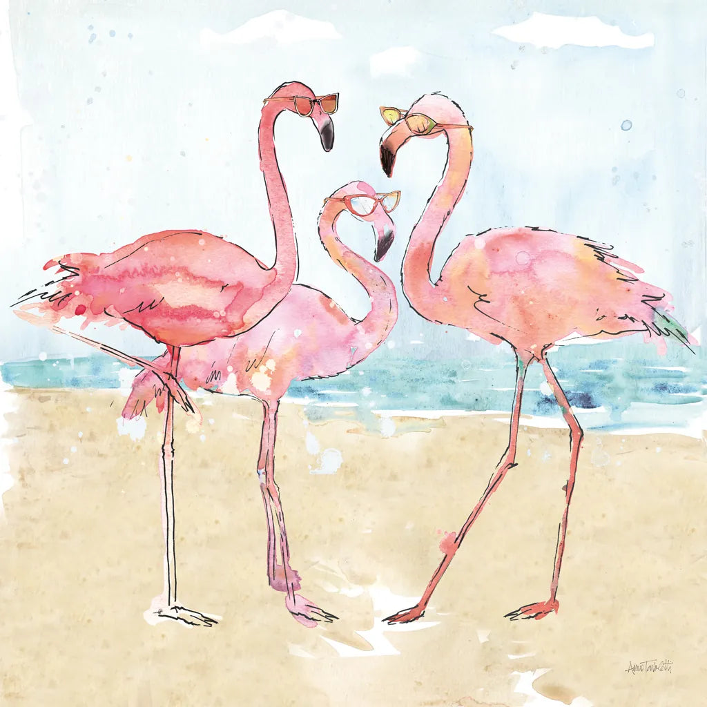 Flamingo Fever Beach by Anne Tavoletti. SKU 78938a. Archival Giclee Fine art print for wall decor.