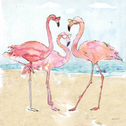 Flamingo Fever Beach by Anne Tavoletti. SKU 78938a. Archival Giclee Fine art print for wall decor.