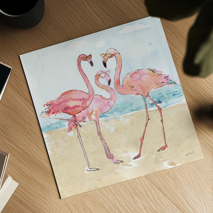 Flamingo Fever Beach by Anne Tavoletti. Shown as a detailed flat fine art print, highlighting archival giclee quality. Available as an archival giclee rolled canvas, fine art paper, or poster print. SKU 78938a.