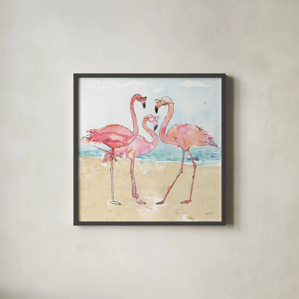 Flamingo Fever Beach by Anne Tavoletti. Shown in a sleek black glass frame for a contemporary gallery look. Available as an archival giclee rolled canvas, fine art paper, or poster print. SKU 78938a.