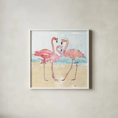 Flamingo Fever Beach by Anne Tavoletti. Shown in a crisp white glass frame for a clean and minimalist style. Available as an archival giclee rolled canvas, fine art paper, or poster print. SKU 78938a.
