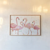 Flamingo Fever I by Anne Tavoletti. shown as a paper print in a natural frame. Available as a archival giclee rolled canvas, fine art paper, or poster print. SKU 21106i.
