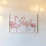 Flamingo Fever I by Anne Tavoletti. shown as a paper print in a white frame. Available as a archival giclee rolled canvas, fine art paper, or poster print. SKU 21106i.