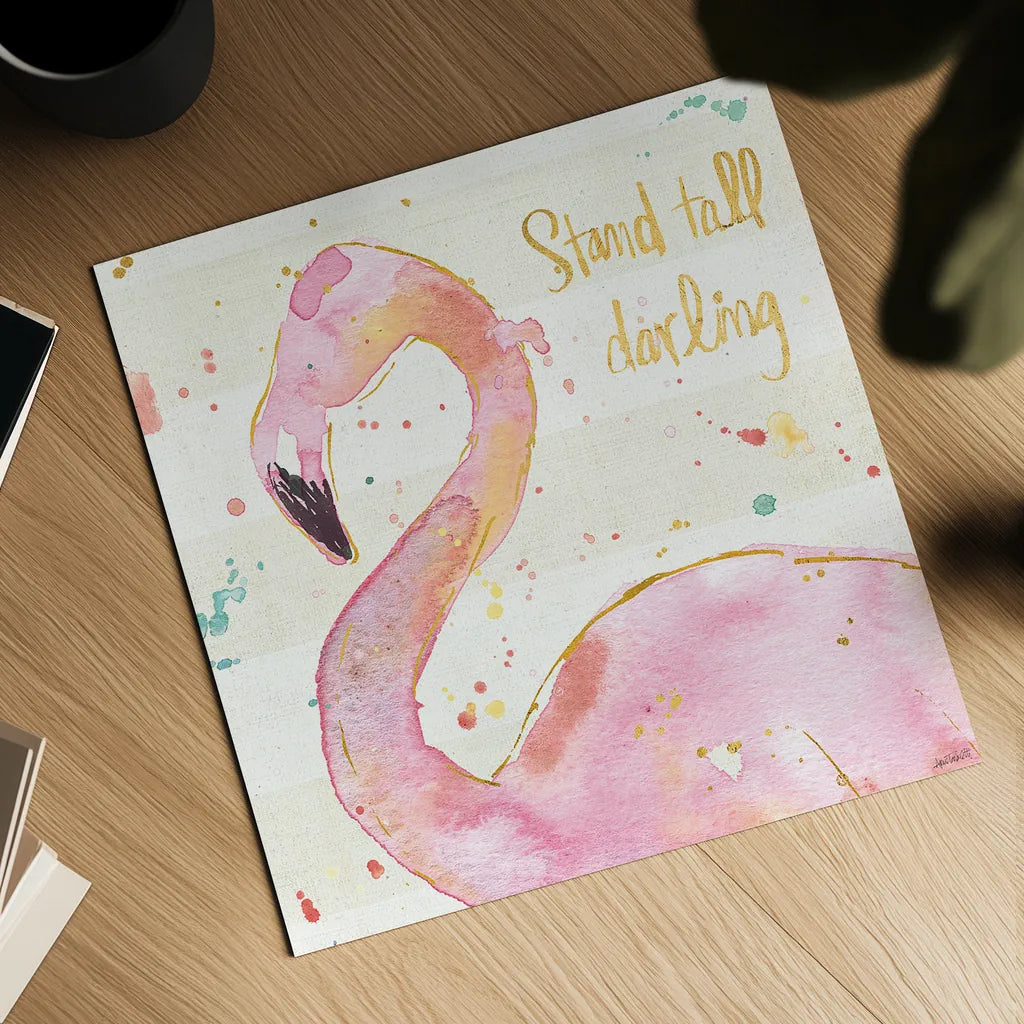 Flamingo Fever III by Anne Tavoletti. Shown as a detailed flat fine art print, highlighting archival giclee quality. Available as an archival giclee rolled canvas, fine art paper, or poster print. SKU 21108a.