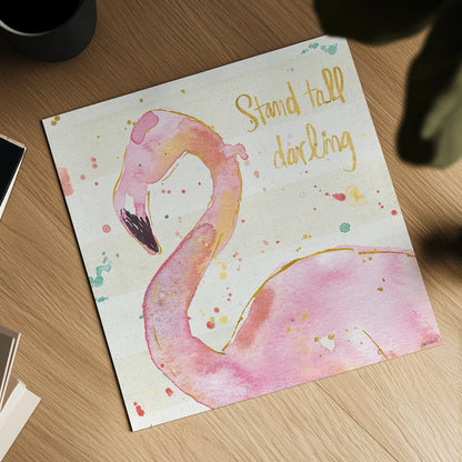 Flamingo Fever III by Anne Tavoletti. Shown as a detailed flat fine art print, highlighting archival giclee quality. Available as an archival giclee rolled canvas, fine art paper, or poster print. SKU 21108a.