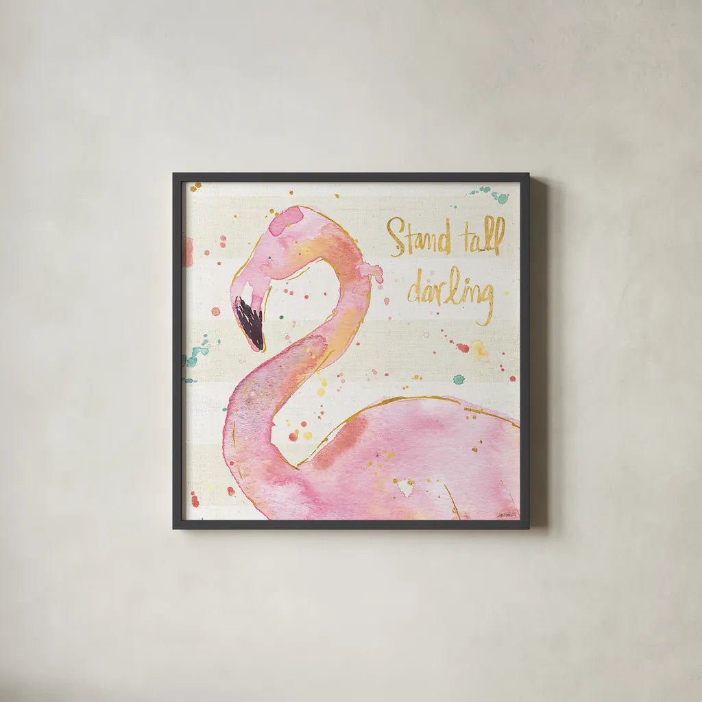 Flamingo Fever III by Anne Tavoletti. Shown in a sleek black glass frame for a contemporary gallery look. Available as an archival giclee rolled canvas, fine art paper, or poster print. SKU 21108a.