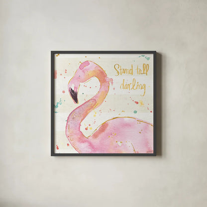 Flamingo Fever III by Anne Tavoletti. Shown in a sleek black glass frame for a contemporary gallery look. Available as an archival giclee rolled canvas, fine art paper, or poster print. SKU 21108a.