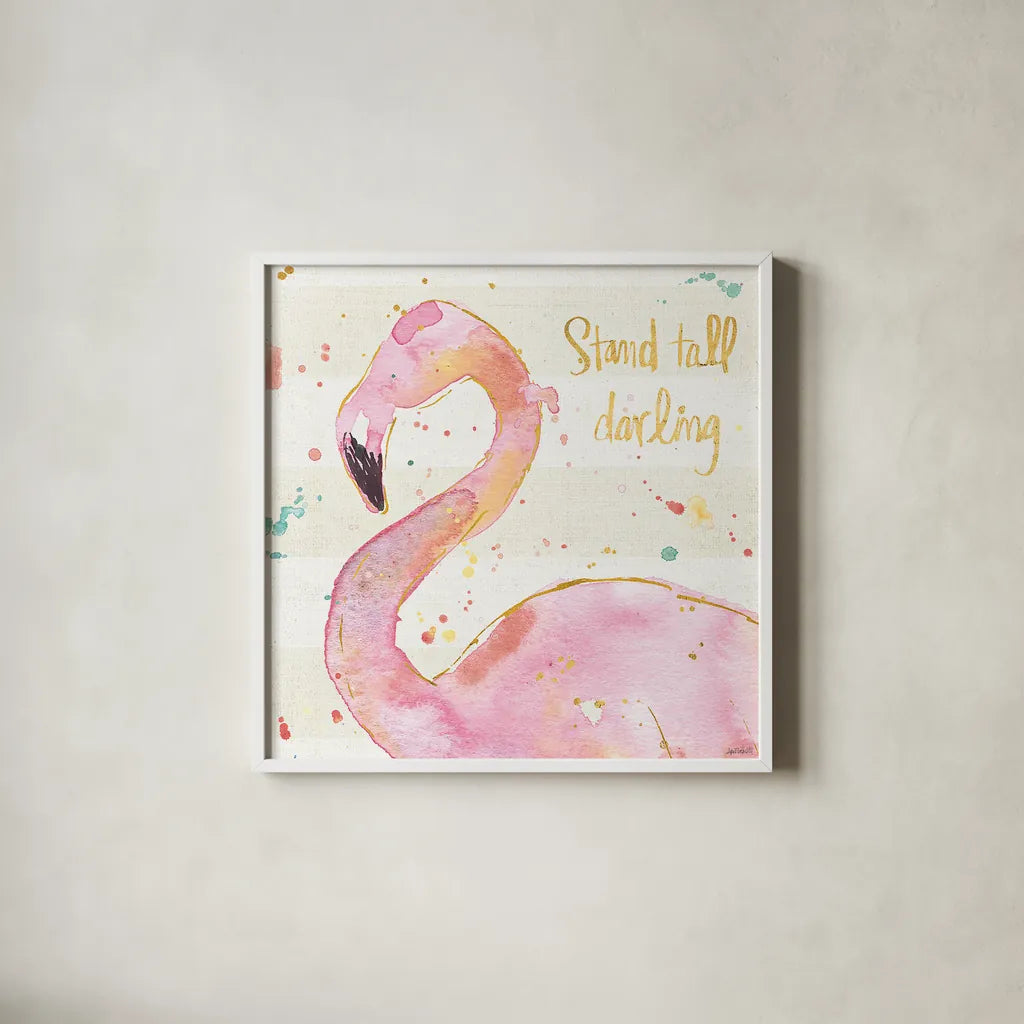 Flamingo Fever III by Anne Tavoletti. Shown in a crisp white glass frame for a clean and minimalist style. Available as an archival giclee rolled canvas, fine art paper, or poster print. SKU 21108a.