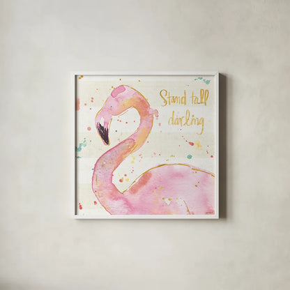 Flamingo Fever III by Anne Tavoletti. Shown in a crisp white glass frame for a clean and minimalist style. Available as an archival giclee rolled canvas, fine art paper, or poster print. SKU 21108a.