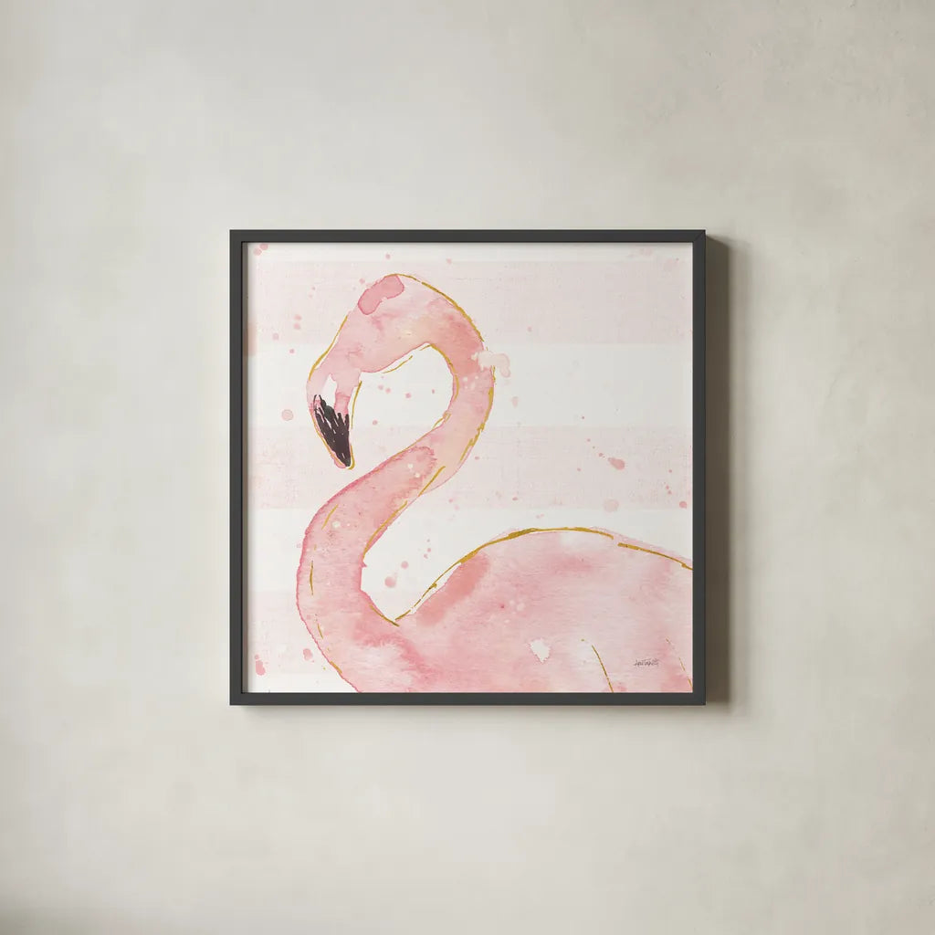 Flamingo Fever III Light No Words by Anne Tavoletti. Shown in a sleek black glass frame for a contemporary gallery look. Available as an archival giclee rolled canvas, fine art paper, or poster print. SKU 63193a.