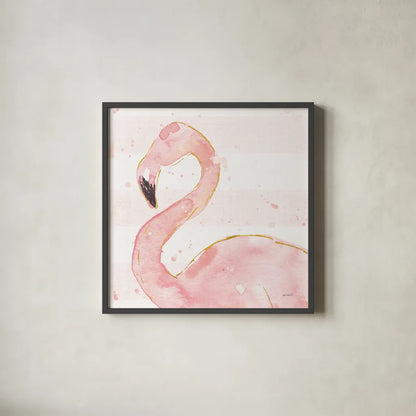 Flamingo Fever III Light No Words by Anne Tavoletti. Shown in a sleek black glass frame for a contemporary gallery look. Available as an archival giclee rolled canvas, fine art paper, or poster print. SKU 63193a.