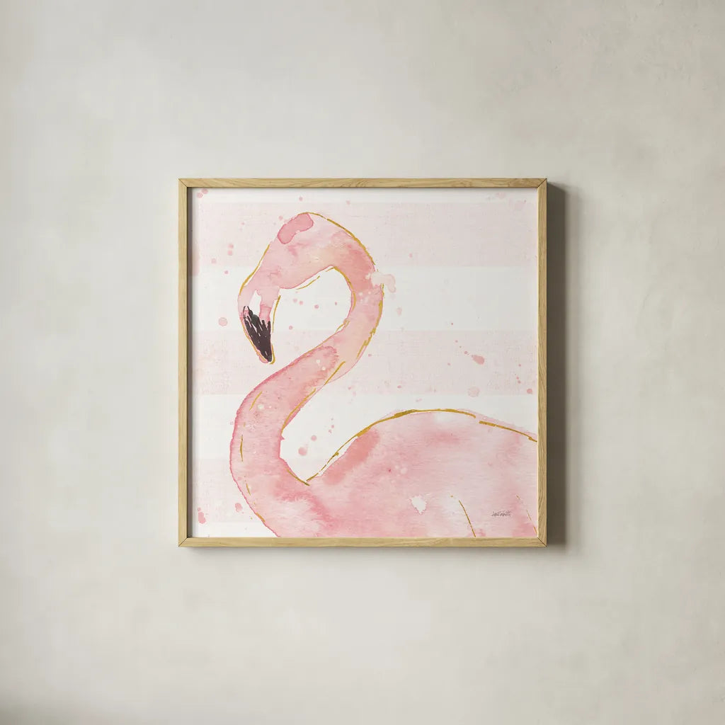 Flamingo Fever III Light No Words by Anne Tavoletti. Shown in a natural wood glass frame for a timeless modern aesthetic. Available as an archival giclee rolled canvas, fine art paper, or poster print. SKU 63193a.