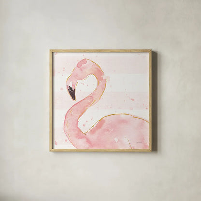 Flamingo Fever III Light No Words by Anne Tavoletti. Shown in a natural wood glass frame for a timeless modern aesthetic. Available as an archival giclee rolled canvas, fine art paper, or poster print. SKU 63193a.